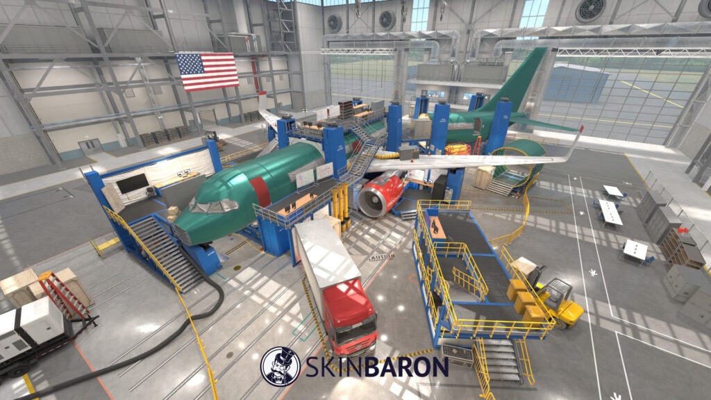 Overview of the Counter-Strike 2 workshop map Assembly. You can see an airplane assembly line on the picture.