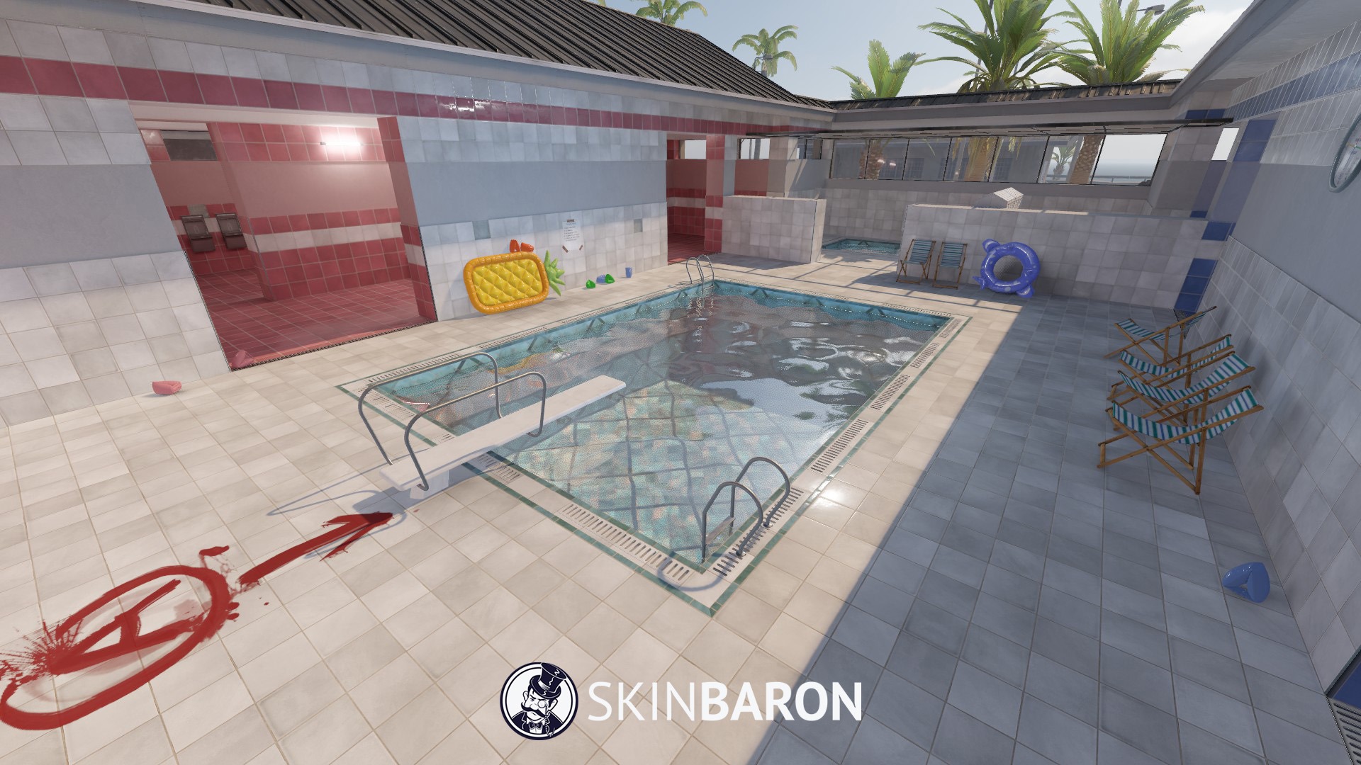 Overview of the Counter-Strike 2 workshop map fy_pool_day. You can see the pool in the picture as well as some toys.