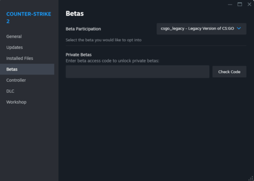 Counter-Strike 2 Properties - Beta option to install legacy version of CS:GO