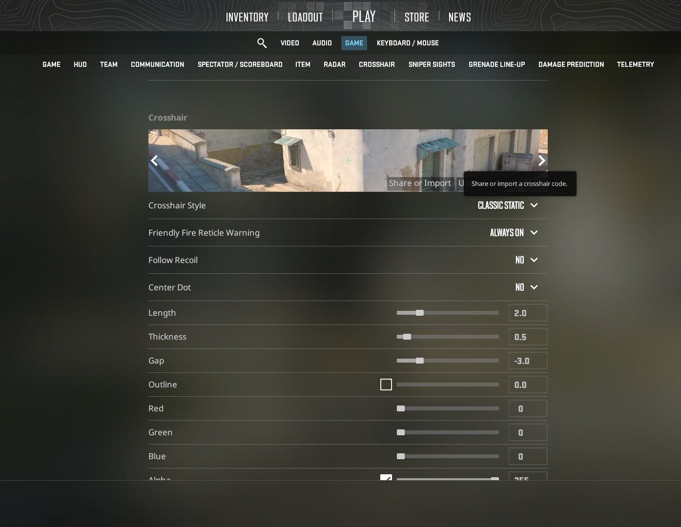 CS2 Settings Crosshair section